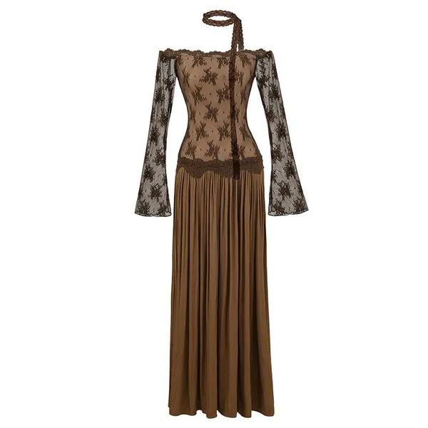 Pure Desire Style Off-shoulder Lace Patched Faux Two-piece Long Sleeve Dress, New Autumn Waist-cinching Slim and Elegant Long Dress photo-3
