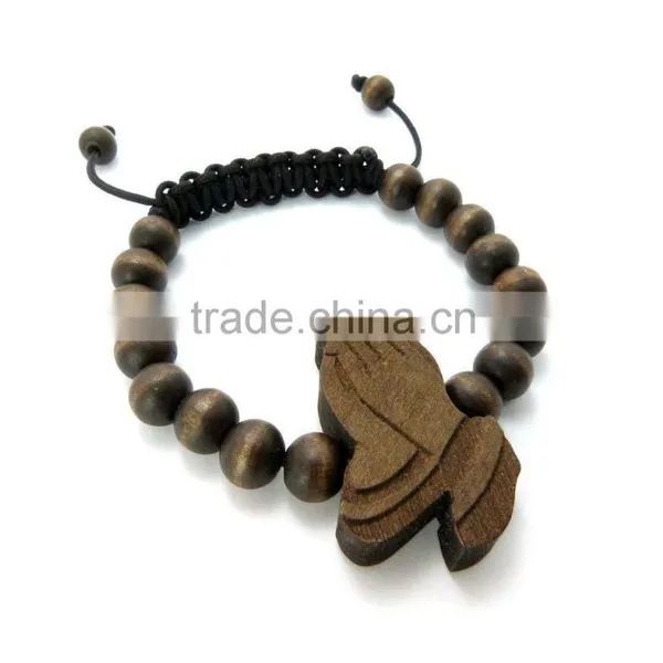 Good Quality Wood PRAYING HANDS Pendant Adjustable Hip Hop Wood Bracelet photo-4