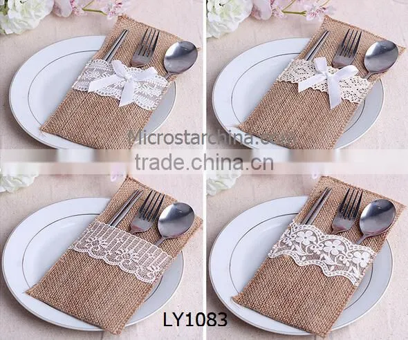IN STOCK HandMade Wedding Silverware Lace Cutlery Burlap Holder Pocket photo-4