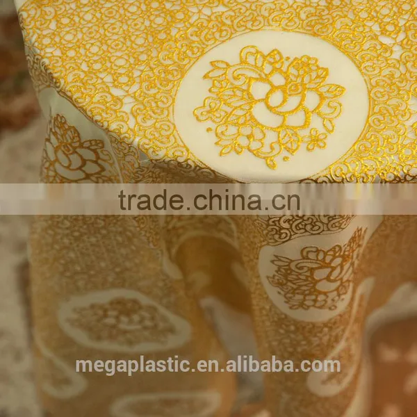 Gold Polyester Lace Table Cloth, PVC Lace Table Cloth Printed Gold Lace photo-3