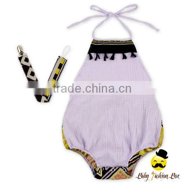 Summer Kids Gray Cotton Halter Blank Bodysuit Infant Newborn Baby Girl Vintage Romper Matching Pacifier Clips Gift Set photo-4