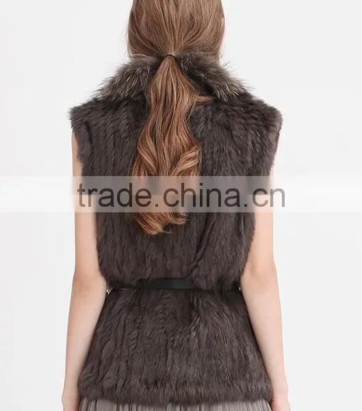 YR644 Women Genuine Rabbit Hand Knit With Raccoon Fur Waistcoat Yanran Fur Factory OEM Order Fur Gilet photo-3