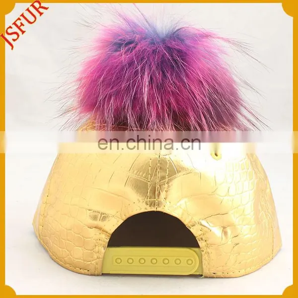 Luxury Gold Colour Spring Hat Raccoon Pompom Fur Cap photo-3