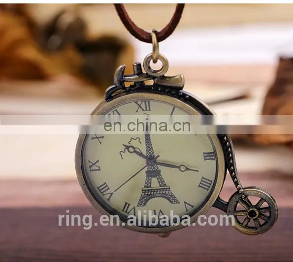 Vintage Eiffel Tower Logo Bronze Pocket Watch With Leather Chain photo-3
