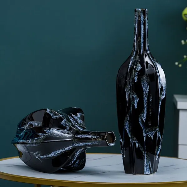Fambe Light Luxury Carambola Black Grey Texture Large Ceramic Vase For Living Room Hotel photo-2