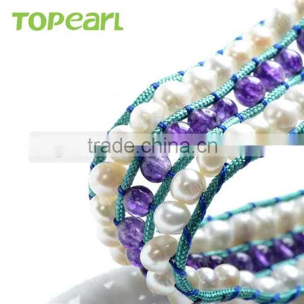 Topearl Jewelry Fashionable Potato Freshwater Pearl Bracelet Amethyst Bracelet Woven Leather Wrap Bangle CLL175 photo-3