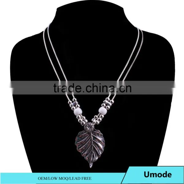 Vintage Ethnic Bohemian Leaf Charm Pendant Rope Chain Silver Necklace photo-2