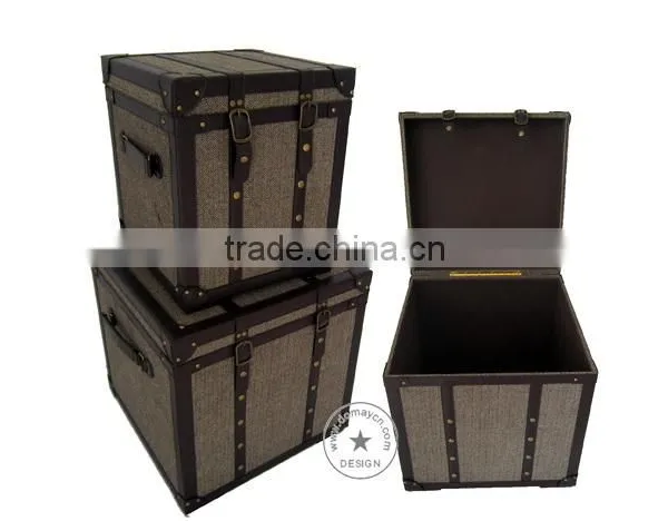 S/3 Large Decorative Faux Leather Storage Trunk Organier, Wooden Trunk photo-3