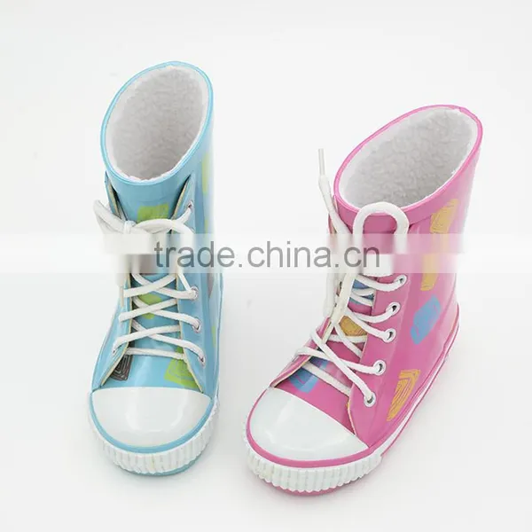 Cheap Fashion Cold-proof Kids Rubber Rain Boots With Wool Lining
