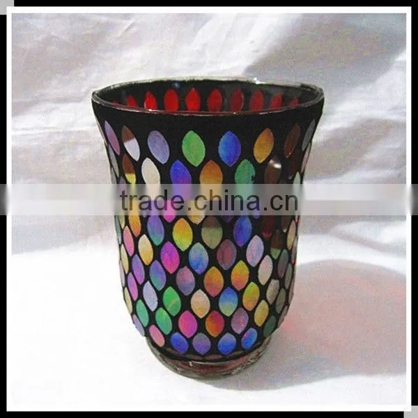 Home Decor Colored Mosaic Style Hurricane Glass Candle Holder photo-5