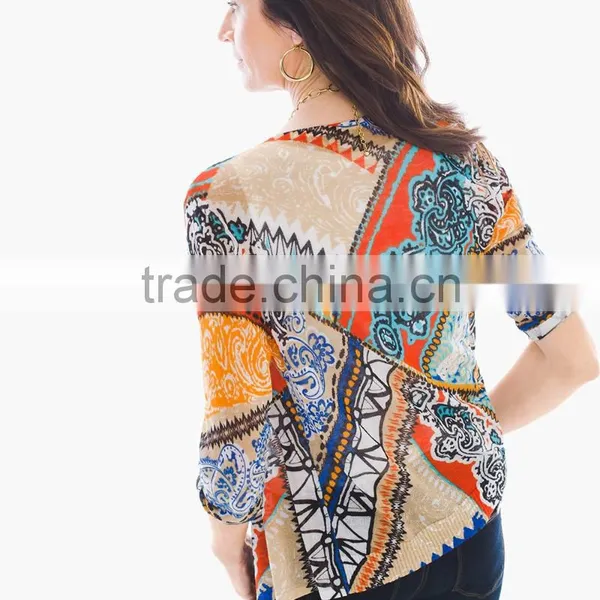 Women's 3/4 Sleeve Printed Front Bowknot Blouse Tops photo-2