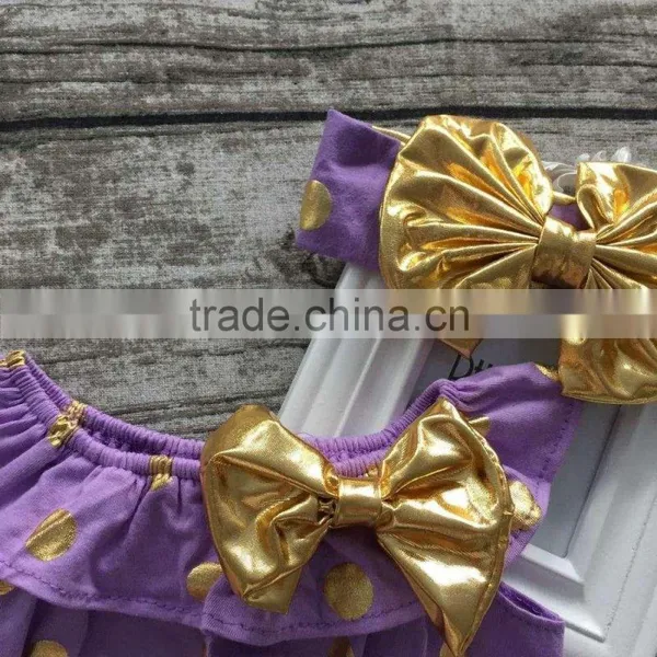Baby Girls Clothes Toddler Girls Romper Infant Girls Purple Gold Polka Dot Romper With Headband photo-2
