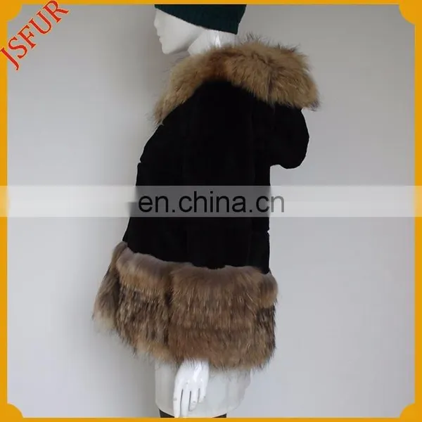 Fashion Design Women Natural Raccoon Fur Trim Rabbit Fur Coat With Real Rabbit Fur photo-3