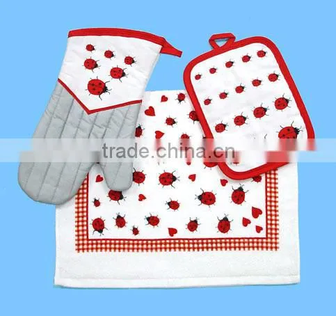 3pc Pigment Printing Towel With Fringe Cheese Holder Set Rooster Design Glove Set photo-6