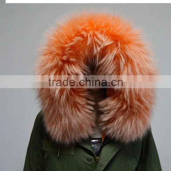 New Style Orange Stripe Faux Fur Lined With Raccoon Fur Collar Fur Coat for Woman photo-4