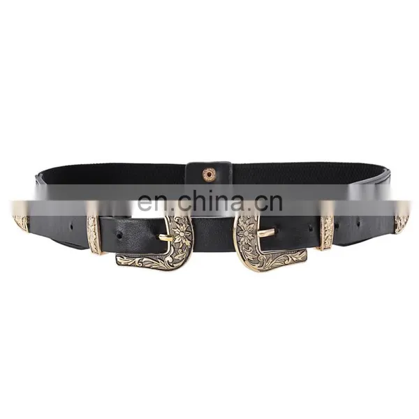 Grace Karin Women Ladies Girls Vintage Fashion Boho Double Metal Light Gold Silver Color Buckle Belt Elastic Band CL010479 photo-2