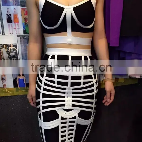 Summer Dress 2015 New Strap Two Piece Set Women Gray Black White Elegant Bodycon Celebrity Bandage Dresses Bandage Bodycon Women photo-2