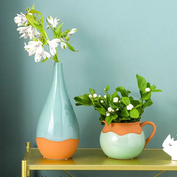 Multicolor Crackle Retro Green White Grey And Orange Ceramic Vase For Hotel Home photo-3