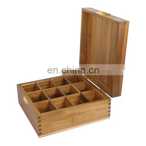 12 Compartment Acacia Wood Tea Coffee Bag Storage Box With Lock