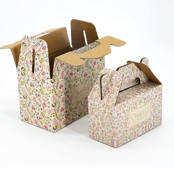 Custom Floral Printed Gable Boxes Handle Gift Packaging for Tea, Pastry & Candles photo-2