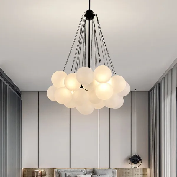 Grape Cluster Pendant - 19 Milky White Glass Balls Black E27*3