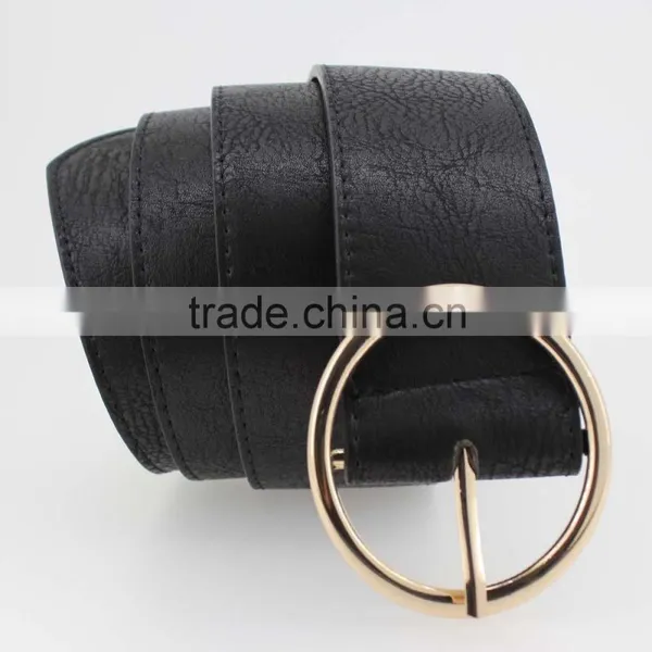 Women's Fashion Belt With Black PU Leather & Gold Circle Buckle in Chinese Factory photo-4