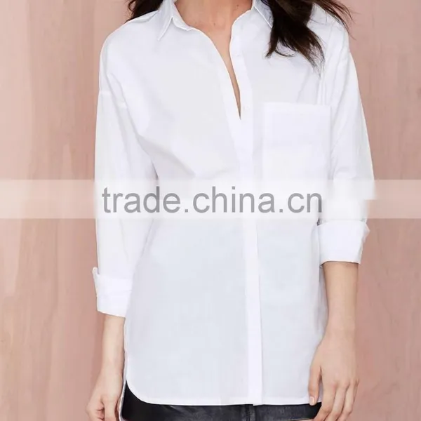 Autum Fashion Ladies Long Sleeve White Cheaper Poplin Shirt SYK15216