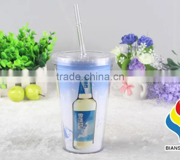 Double Wall Plastic Acrylic Paper Insert Tumbler With Straw photo-4