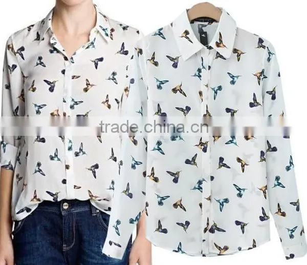New Fashion Chiffon Floral Print Shirts Long Sleeve Chiffon Blouse Tops for Woman photo-2