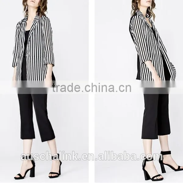 Summer Ladies Designer Black and White Stripes Coat Customized photo-4