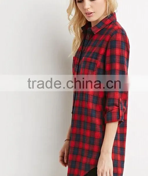 Longline Plaid Flannel Shirt High Quality Blouse OEM Women's Shirts photo-4