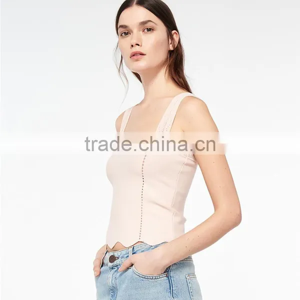 Stitched Knit Geometric Motifs Wavy Hem Wide Straps Design Tank Tops photo-3