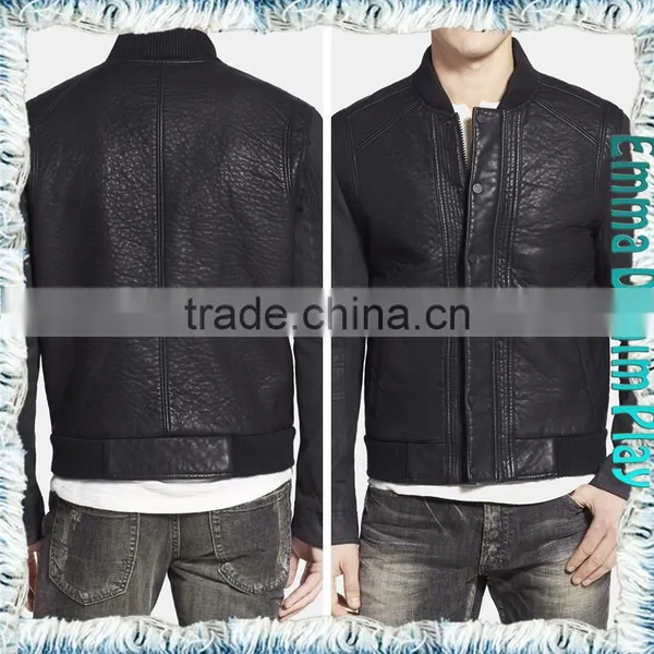 Denim Men Coat Zipper Front PU Leather Long Sleeve Patchwork Jeans Jacket photo-2