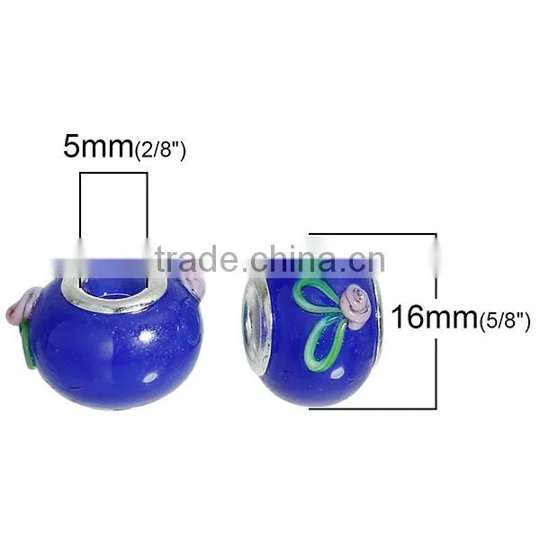 New Design Round Silver Plated Core Deep Blue Flower Pattern Enamel Lampwork Glass European Style Large Hole Charm Beads photo-2