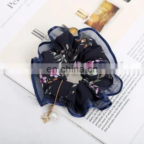 Women Vintage Big Bowknot Scrunchies With Pearl Print Flower Hair Ties Hair Holder Rubber Bands Gum For Hair photo-6