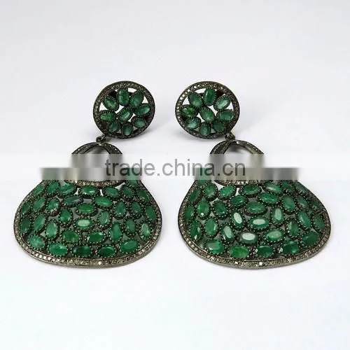 Beautiful Dangler !! Emerald & Diamond 925 Sterling Silver Earring, Dangler SIlver Earring, Exporter and Wholeseller photo-2