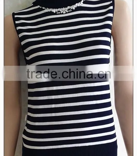 Vintage Stripe Handmade Knitting Wear Crew Neck OL Vest photo-3