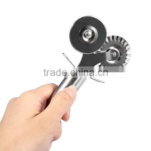 Multifunctional Full Roller Stainless Steel Double Pizza Cutter Tool With Round Lace Wheel Siver Color