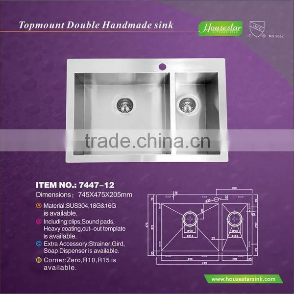 Handmade Stainless Steel Sink 555 Stainless Steel for American and Canada - 7447-12