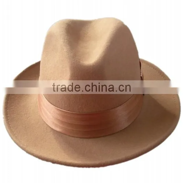 Mens Hat 100% Wool Wide Round Brim Fedora Cap Satin Feather Band Black photo-6