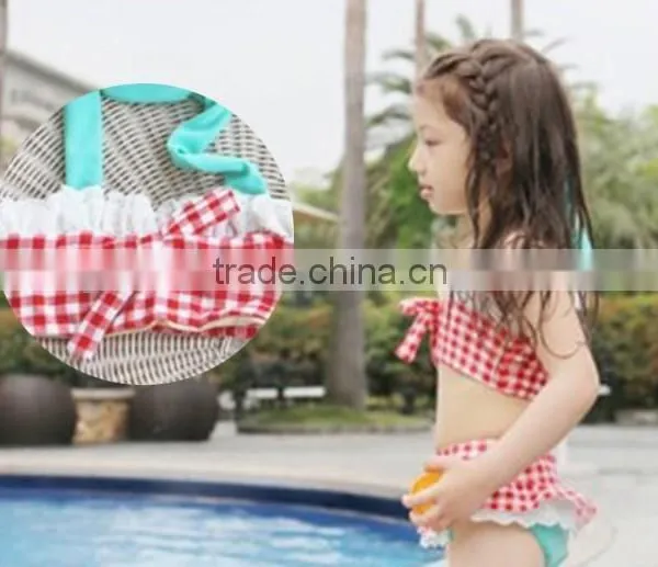 Gingham Swimsuit With Lace Trimming Little Girl Sling Swimwear Summer Bikini photo-3