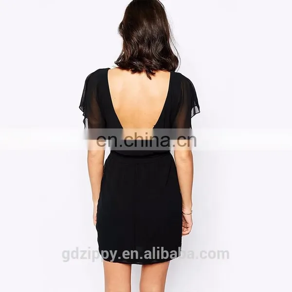 New Arrival Cup Sleeve Cut Out Back Black Chiffon Evening Dresses China photo-3