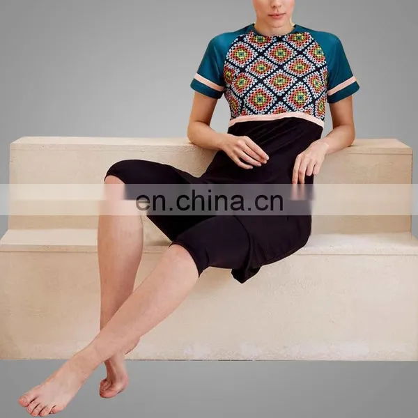 Muslim Girl Sport Wear Black Multi Half Covered Switsuits 2017 Latest Islamic Swimsuits Printing Pattern Muslim Swimwear photo-2