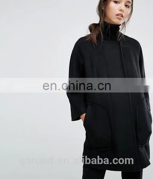 Autumn Winter Hot Sale Black Cool Fashion Women Coat, French Connection Harbour Cocoon Coat photo-5