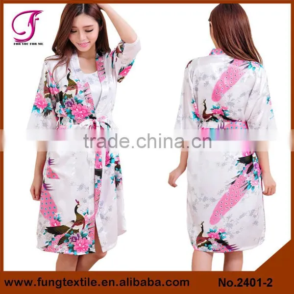 2401 Women Peacock Pattern Two-piece Set Satin Robe photo-2