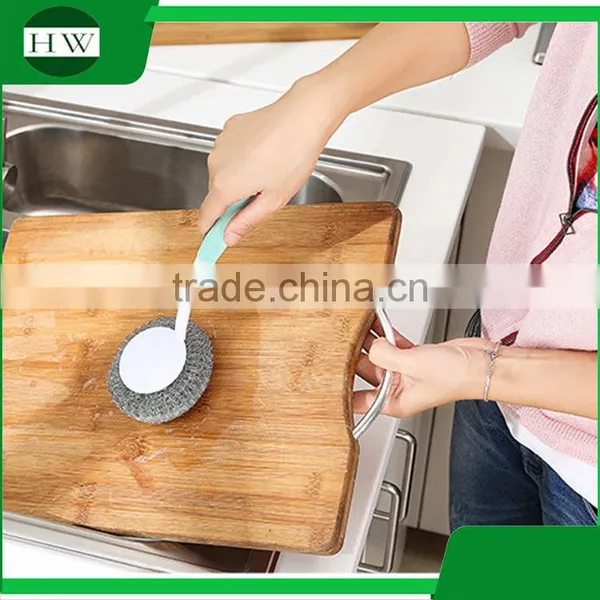 Mini Plastic Long Handle Hand Hanging Bowl Pot Dish Clean Cleaning Brush With Steel Ball photo-3
