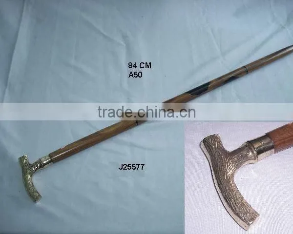 Wood Shape With Patterns Style Brass Handle Wooden Walking Stick