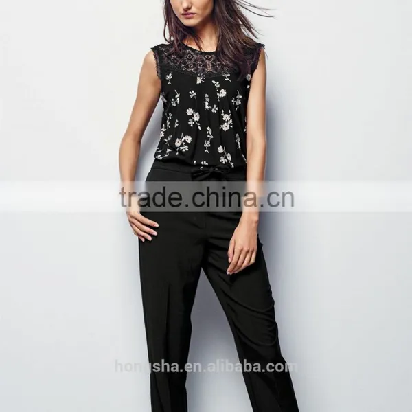 2016 Fashion Jersey Sleeveless Top With Beautiful Lace Yoke HST8033 photo-4