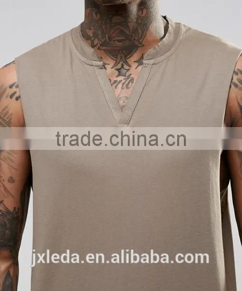 Men 100% Cotton Blank Super Long Line Notch Neck Sleeveless Tee Shirt Factory Suppliers in China photo-3