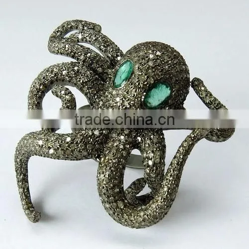 Popular Octopus Design !! Emerald & Diamond 925 Sterling Silver Ring, Online Silver Jewellery, Silver Jewellery photo-2